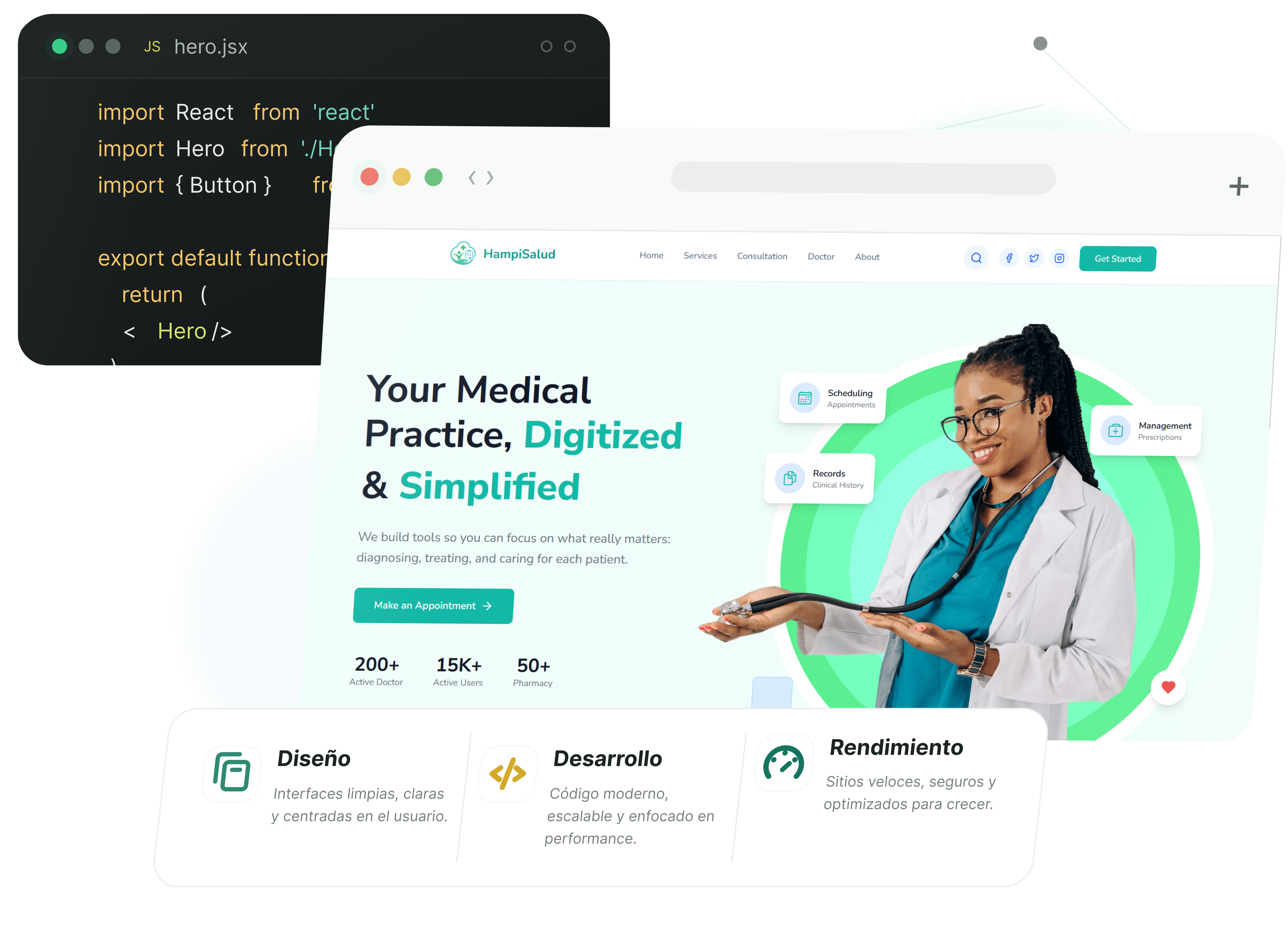 Mockup de proyectos: editor de código, web médica HampiSalud y panel de gestión
